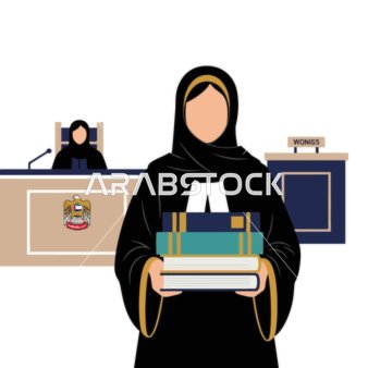 The concept of justice and equality, the icon of the scales of justice, a lawyer wearing an abaya, hijab, and robe carrying books, a background of a judge in court, vector illustrator.