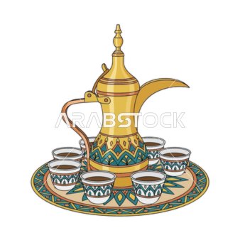 دلة قهوة معدنية باللون الذهبي بجانب الفناجين ، مفهوم الكرم وحسن الاستقبال، الضيافة العربيه السعودية، العادات والتقاليد التراثية، خلفية بيضاء، فيكتور اليستريتور