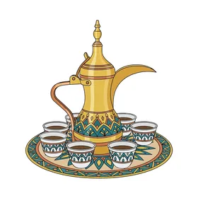 دلة قهوة معدنية باللون الذهبي بجانب الفناجين ، مفهوم الكرم وحسن الاستقبال، الضيافة العربيه السعودية، العادات والتقاليد التراثية، خلفية بيضاء، فيكتور اليستريتور