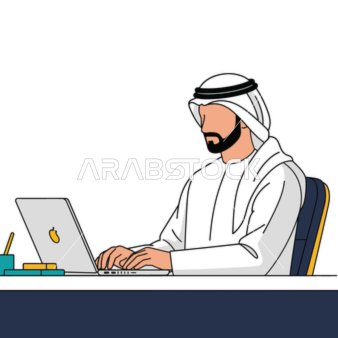 إدارة الأعمال عن بعد, انجاز المهام عبر الانترنت, رجل عربي خليجي اماراتي يرتدي الكندورة والغترة يعمل على جهاز الحاسوب في المكتب, وظائف ومهن مكتبية, استخدام الأجهزة التقنية الحديثة, خلفية بيضاء, فيكتور اليستريتور