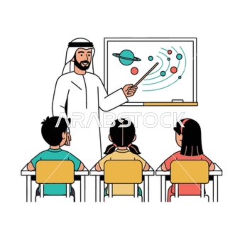 فيكتور كرتوني لشخصيات ، مجموعة من الأطفال العرب الخليجيين الاماراتيين في الفصل ، درس عن النظام الشمسي ، فيكتور اليستريتور .