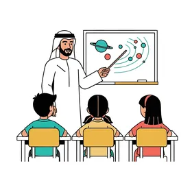 فيكتور كرتوني لشخصيات ، مجموعة من الأطفال العرب الخليجيين الاماراتيين في الفصل ، درس عن النظام الشمسي ، فيكتور اليستريتور .