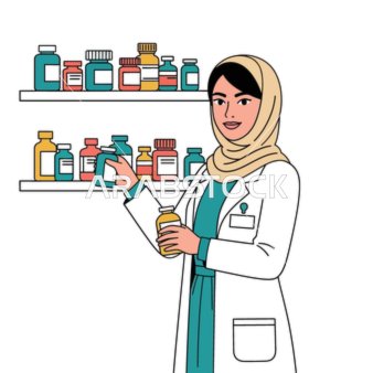 فيكتور كرتوني لشخصيات ، صيدلانية ترتدي العباءة والحجاب ومعطفًا أبيضًا تحمل زجاجات الدواء في صيدلية ، اعطاء الوصفات الدوائية للمرضى , شراء الادوية من الصيدليات , فيكتور اليستريتور.