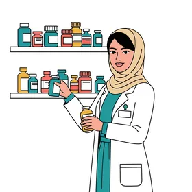 فيكتور كرتوني لشخصيات ، صيدلانية ترتدي العباءة والحجاب ومعطفًا أبيضًا تحمل زجاجات الدواء في صيدلية ، اعطاء الوصفات الدوائية للمرضى , شراء الادوية من الصيدليات , فيكتور اليستريتور.