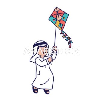 A cartoon vector of characters, a happy Emirati Gulf Arab child flying a colorful kite on a sunny day, vector illustrator.