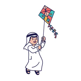 A cartoon vector of characters, a happy Emirati Gulf Arab child flying a colorful kite on a sunny day, vector illustrator.