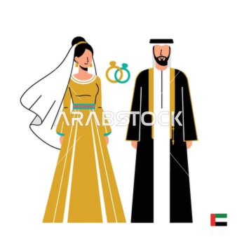 رسم كرتوني لشخصيات، عريس عربي خليجي اماراتي يرتدي الكندورة والغترة يقف برفقة عروسته، العرس العربي الخليجي التقليدي، مفهوم عقد القران، تعابير وايماءات السعادة والسرورر، فيكتور اليستريتور
