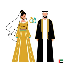 رسم كرتوني لشخصيات، عريس عربي خليجي اماراتي يرتدي الكندورة والغترة يقف برفقة عروسته، العرس العربي الخليجي التقليدي، مفهوم عقد القران، تعابير وايماءات السعادة والسرورر، فيكتور اليستريتور