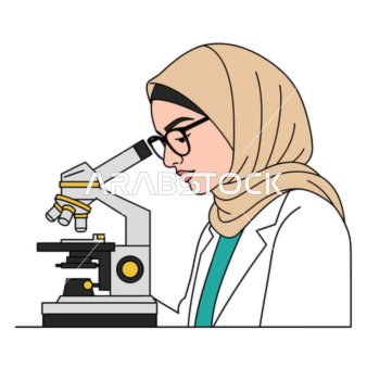 القيام ببعض الاختبارات لتقييم الرؤية والكشف عن المرض، طبيبة عيون عربية خليجية سعودية تركز بعناية على فحص عينها تحت المجهر ،النظر من خلال مجموعة من العدسات ، تقديم الخدمات والرعاية الصحية، خلفية بيضاء، فيكتور اليستريتور