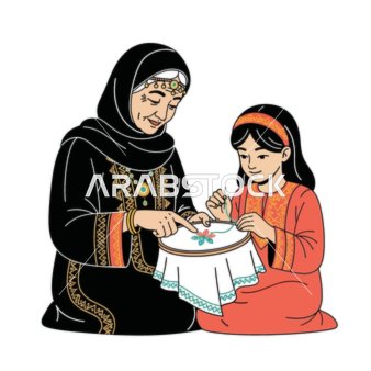 فيكتور لشخصيات كرتونية، جدة تشارك ابنتها الحفيدة فن التطريز ، زيارة الابناء للاباء، الجدة تشارك حفيدته، الفرحة بالزيارة العائلية، فيكتور اليسترتيور