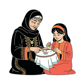 فيكتور لشخصيات كرتونية، جدة تشارك ابنتها الحفيدة فن التطريز ، زيارة الابناء للاباء، الجدة تشارك حفيدته، الفرحة بالزيارة العائلية، فيكتور اليسترتيور