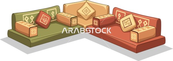فيكتور رسم توضيحي ، طقم كنب مجلس عربي تقليدي على شكل حرف L بألوان زاهية ووسائد مزخرفة، مساحة معيشة شرقية مريحة، فيكتور اليسترتيور