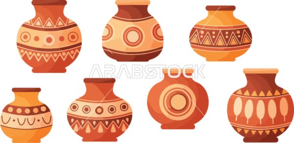Vector illustration, traditional handmade pottery decorated with intricate ethnic and tribal patterns, ancient cultural designs, vector illustration.