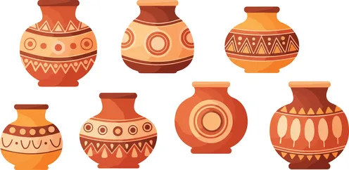 Vector illustration, traditional handmade pottery decorated with intricate ethnic and tribal patterns, ancient cultural designs, vector illustration.