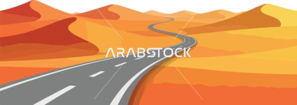 Vector illustration, a winding road passing through an orange-colored desert landscape under a clear sky, the journey and solitude, vector illustration.