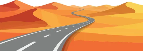 فيكتور رسم توضيحي ، طريق متعرج يمر عبر منظر صحراوي بلون برتقالي تحت سماء صافية، الرحلة والعزلة ، فيكتور اليسترتيور
