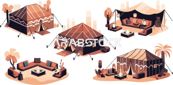 فيكتور رسم توضيحي ،مجموعة من الخيام العربية التقليدية في الصحراء ، تصميمات داخلية مريحة، الضيافة البدوية والتصاميم الثقافية، فيكتور اليسترتيور
