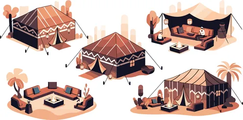 فيكتور رسم توضيحي ،مجموعة من الخيام العربية التقليدية في الصحراء ، تصميمات داخلية مريحة، الضيافة البدوية والتصاميم الثقافية، فيكتور اليسترتيور