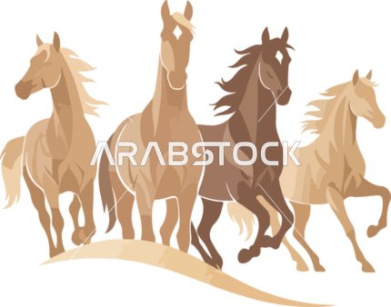 فيكتور رسم توضيحي ديناميكي ، أربعة خيول مهيبة تعدو برشاقة وقوة عبر حقل مفتوح، ابراز الجمال والقوة، فيكتور اليسترتيور