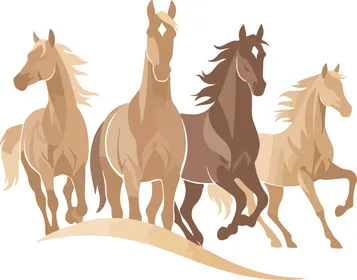 فيكتور رسم توضيحي ديناميكي ، أربعة خيول مهيبة تعدو برشاقة وقوة عبر حقل مفتوح، ابراز الجمال والقوة، فيكتور اليسترتيور