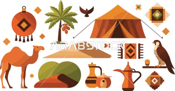 Dynamic illustration vector, a collection of Arab desert cultural elements and traditional symbols, desert nature, vector illustration.