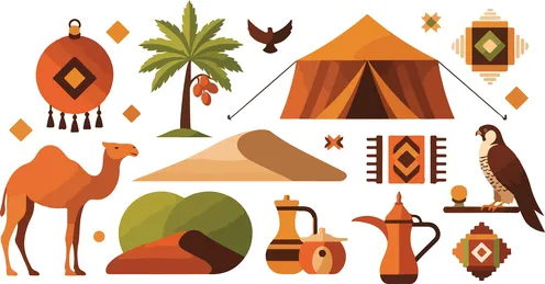 فيكتور رسم توضيحي ديناميكي ،مجموعة من العناصر الثقافية الصحراوية العربية والرموز التقليدية، الطبيعة الصحراوية ، فيكتور اليسترتيور