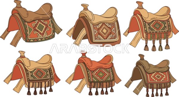 فيكتور رسم توضيحي ،مجموعة من سروج الإبل التقليدية المزخرفة بأنماط معقدة وشراشيب ، فيكتور اليسترتيور