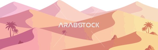فيكتور رسم توضيحي ، منظر صحراوي هادئ مع كثبان رملية ناعمة بألوان الباستيل ،أشجار النخيل المتناثرة تحت سماء صافية ودافئة، أسلوب فني ، فيكتور اليسترتيور