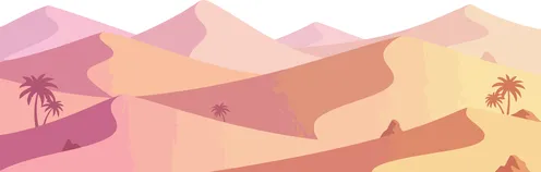 فيكتور رسم توضيحي ، منظر صحراوي هادئ مع كثبان رملية ناعمة بألوان الباستيل ،أشجار النخيل المتناثرة تحت سماء صافية ودافئة، أسلوب فني ، فيكتور اليسترتيور