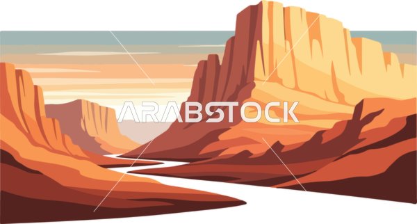 فيكتور رسم توضيحي ، نهر هادئ يتدفق عبر واد صحراوي عند غروب الشمس، الطبيعة الصحراوية ، التكوينات الصخرية الطبيعية، فيكتور اليسترتيور