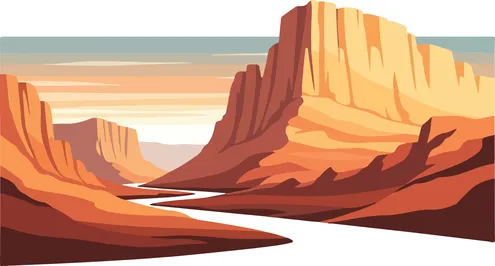 فيكتور رسم توضيحي ، نهر هادئ يتدفق عبر واد صحراوي عند غروب الشمس، الطبيعة الصحراوية ، التكوينات الصخرية الطبيعية، فيكتور اليسترتيور