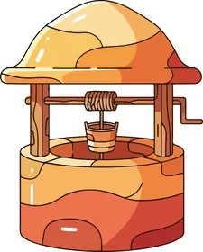 Vector cartoon drawing, traditional deep old wells, an old water well with a bucket and a lever in warm earthy colors, vector illustration.