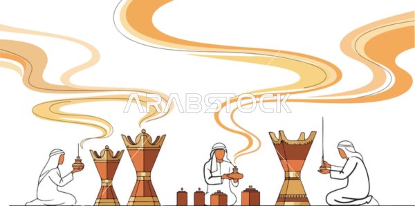 Vector illustration, a group of traditional Arab men participating in the incense burning ritual, decorated incense burners emitting fragrant smoke, Arab gathering, vector illustration.