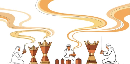 Vector illustration, a group of traditional Arab men participating in the incense burning ritual, decorated incense burners emitting fragrant smoke, Arab gathering, vector illustration.