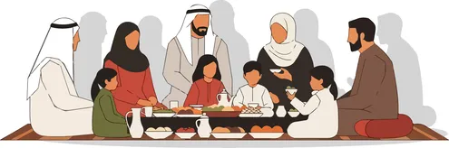 فيكتور رسم توضيحي، عائلة عربية تقليدية تتشارك لتناول وجبة معًا، الوحدة والتراث الثقافي،  فيكتور اليسترتيور
