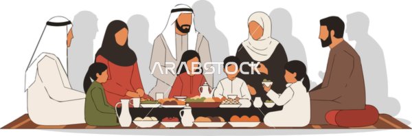 Vector illustration, a traditional Arab family sharing a meal together, unity and cultural heritage, vector illustration.