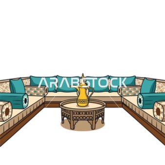 Victor illustration, elegant Arabic majlis, comfort and authentic Arabian traditions, heritage details, Arabic seating, hospitality and authenticity, heritage and spirit of the Gulf home, Victor Illustrator