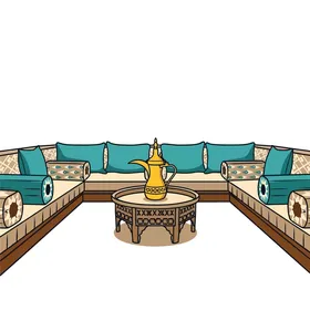 Victor illustration, elegant Arabic majlis, comfort and authentic Arabian traditions, heritage details, Arabic seating, hospitality and authenticity, heritage and spirit of the Gulf home, Victor Illustrator