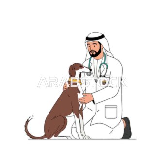 فيكتور رسم توضيحي لطبيب بيطري إماراتي يرتدي الكندورة والغترة والمعطف الابيض يتعامل بلطف وخبرة مع كلب صغير، أجواء الرحمة والاهتمام، أدوات طبية بيطرية حديثة، مفهوم العناية بالحيوانات الأليفة، رعاية صحية بيطرية ، فيكتور اليسترتيور
