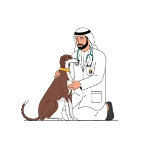 فيكتور رسم توضيحي لطبيب بيطري إماراتي يرتدي الكندورة والغترة والمعطف الابيض يتعامل بلطف وخبرة مع كلب صغير، أجواء الرحمة والاهتمام، أدوات طبية بيطرية حديثة، مفهوم العناية بالحيوانات الأليفة، رعاية صحية بيطرية ، فيكتور اليسترتيور