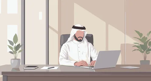 رجل اعمال عربي خليجي اماراتي يرتدى الكندورة والغترة يعمل على جهاز الحاسوب المكتبي، انجاز الأعمال والمهام المكتبية, فيكتور اليستريتور