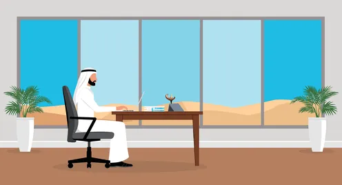 رجل اعمال عربي خليجي اماراتي يرتدى الكندورة والغترة يعمل على جهاز الحاسوب المكتبي  في  مكتب حديث يطل على الصحراء، انجاز الأعمال والمهام المكتبية, فيكتور اليستريتور