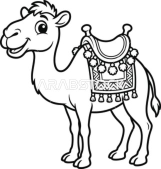 Vector cartoon drawing of a smiling camel with a traditional saddle, old means of transportation in Saudi Arabia, cartoon drawings of the ship of the desert, attention and care for raising mammals, white background, vector illustrator.