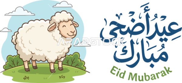 تهنئة عيد الأضحى المبارك مع خروف سعيد, مخطوطة عربية اسلامية، مناسبات واعياد دينية، بطاقة تهنئة بالعيد، خلفية بيضاء , فيكتور اليستريتور