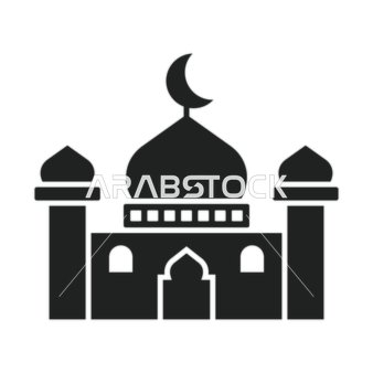 رسوم و ديكورات اسلامية رمضانية, تصميم لمبنى مسجد باللون الاسود على خلفية بيضاء, مفهوم العبادة و التقرب الى الله, الصلاة في المسجد, فيكتور اليستريتور