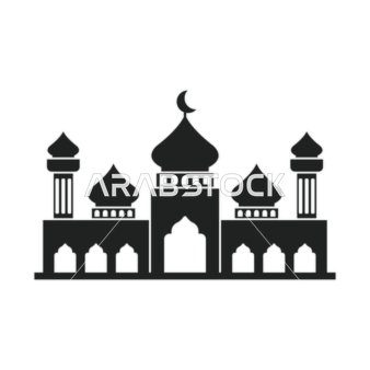 رسوم و ديكورات اسلامية رمضانية, تصميم لمبنى مسجد باللون الاسود على خلفية بيضاء, مفهوم العبادة و التقرب الى الله, الصلاة في المسجد, فيكتور اليستريتور