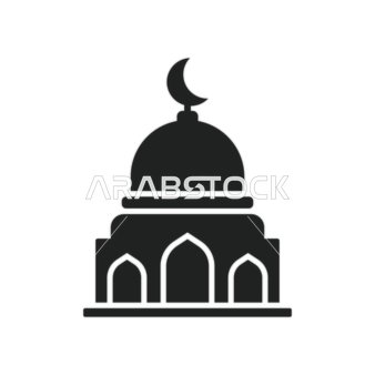 تصميم لمبنى مسجد باللون الاسود على خلفية بيضاء, رسوم و ديكورات اسلامية رمضانية, مفهوم العبادة و التقرب الى الله, الصلاة في المسجد, فيكتور اليستريتور