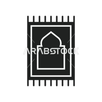 Design of a prayer rug in black on a white background, Islamic Ramadan drawings and decorations, the concept of worship and drawing closer to God, prayer in the mosque, vector illustration.