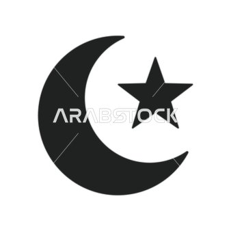 Design of a crescent and star in black on a white background, Islamic Ramadan drawings and decorations, the concept of worship and drawing closer to God, prayer in the mosque, vector illustrator.