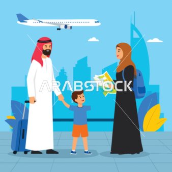 فيكتور كرتوني أسرة خليجية عربية سعودية مسلمة تنطلق في رحلة دولية، تلتقط الذكريات بكاميرة خلفية من العمارة الإسلامية المميزة وطائرة في السماء، الوحدة وأجواء العائلة، الترابط الأسري، فيكتور اليستريتور